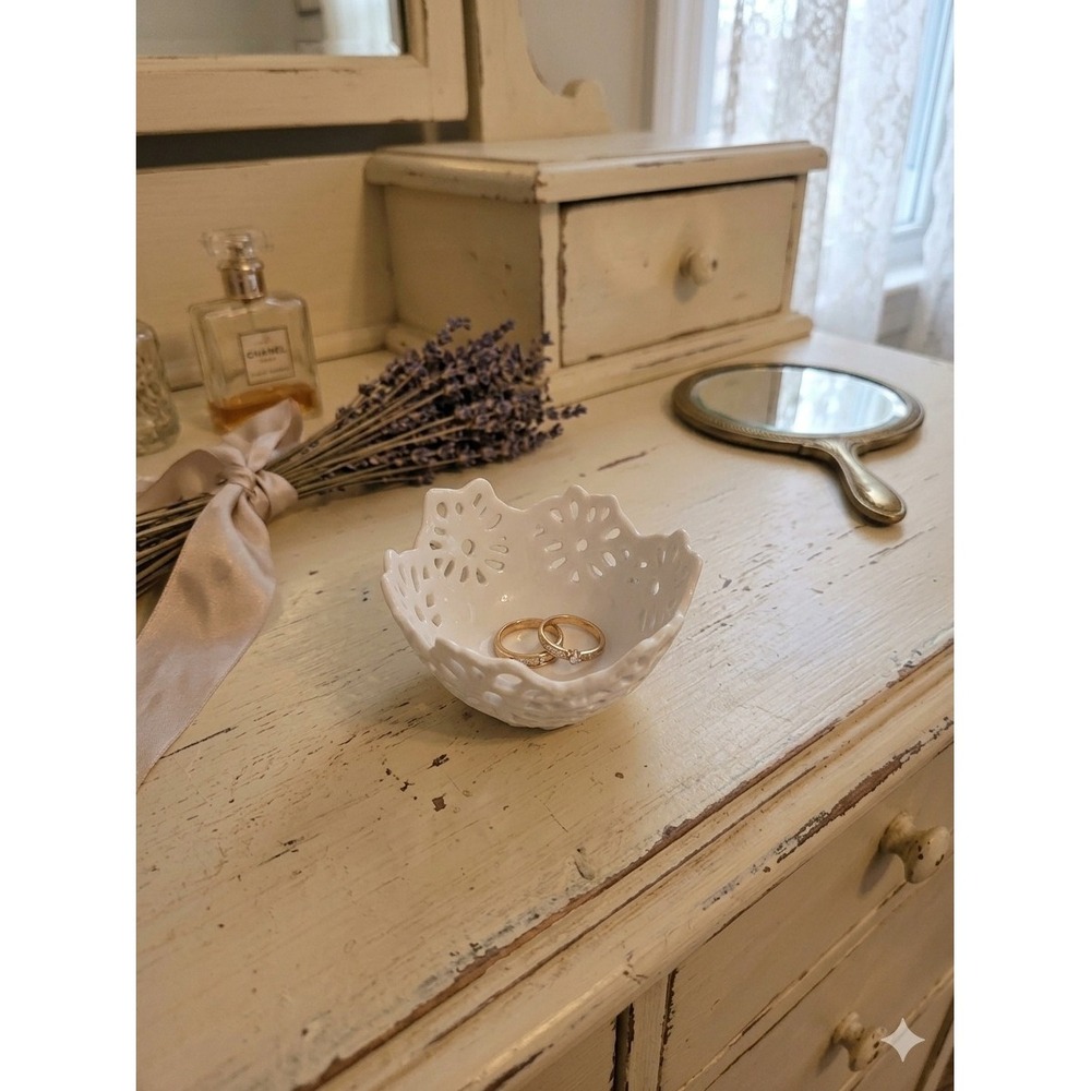 White Ceramic Lace Ring Dish Openwork Scalloped Edge Trinket Bowl Cottagecore